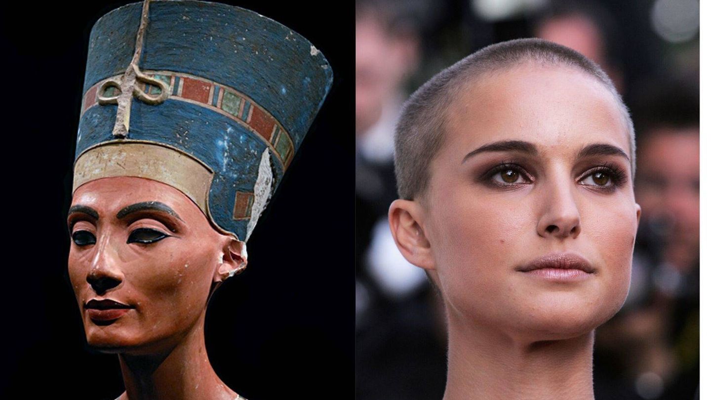 El busto de Nefertiti, frente al rostro de Natalie Portman. (Getty)