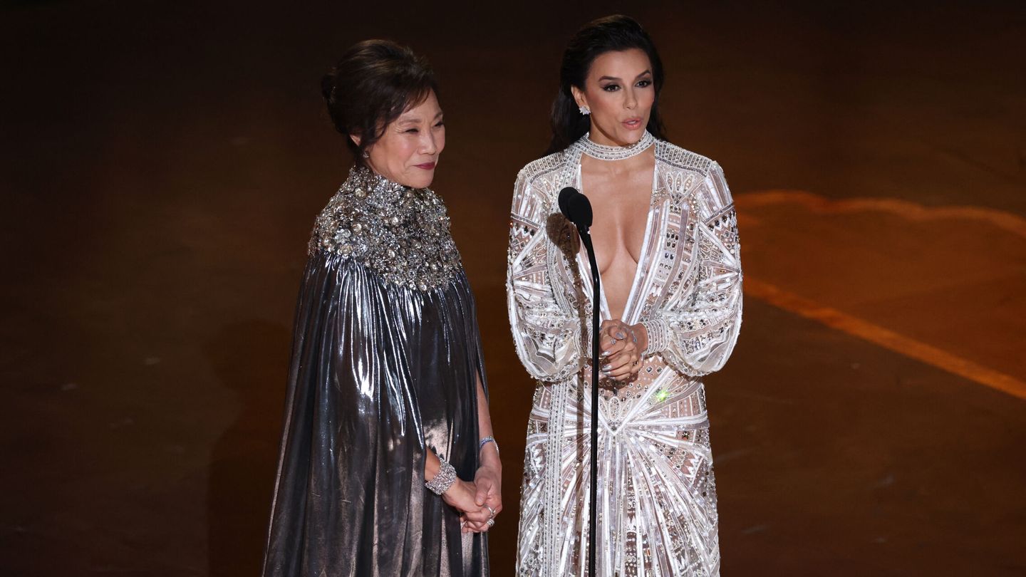 Janet Yang and Eva Longoria speak on stage during the Oscars show at the 95th Academy Awards in Hollywood, Los Angeles, California, U.S., March 12, 2023. REUTERS Carlos Barria