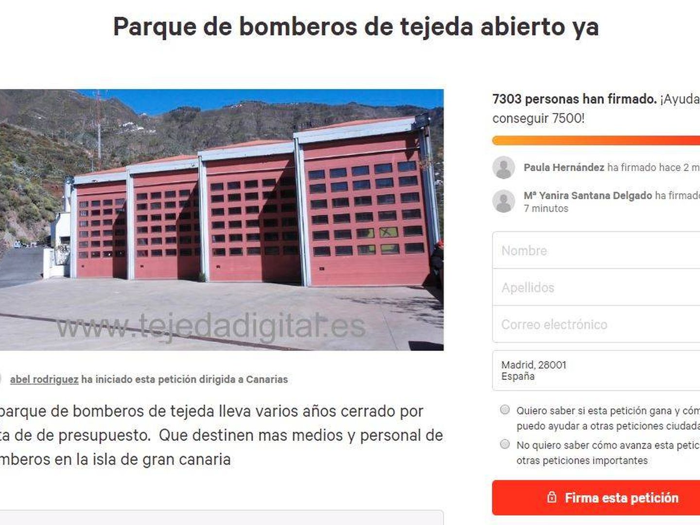 Una petición reciente por la apertura del Parque de Bomberos de Tejeda. (Change)