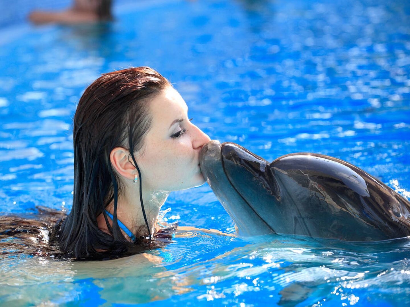 Una mujer, charlando con un delfín. (iStock)
