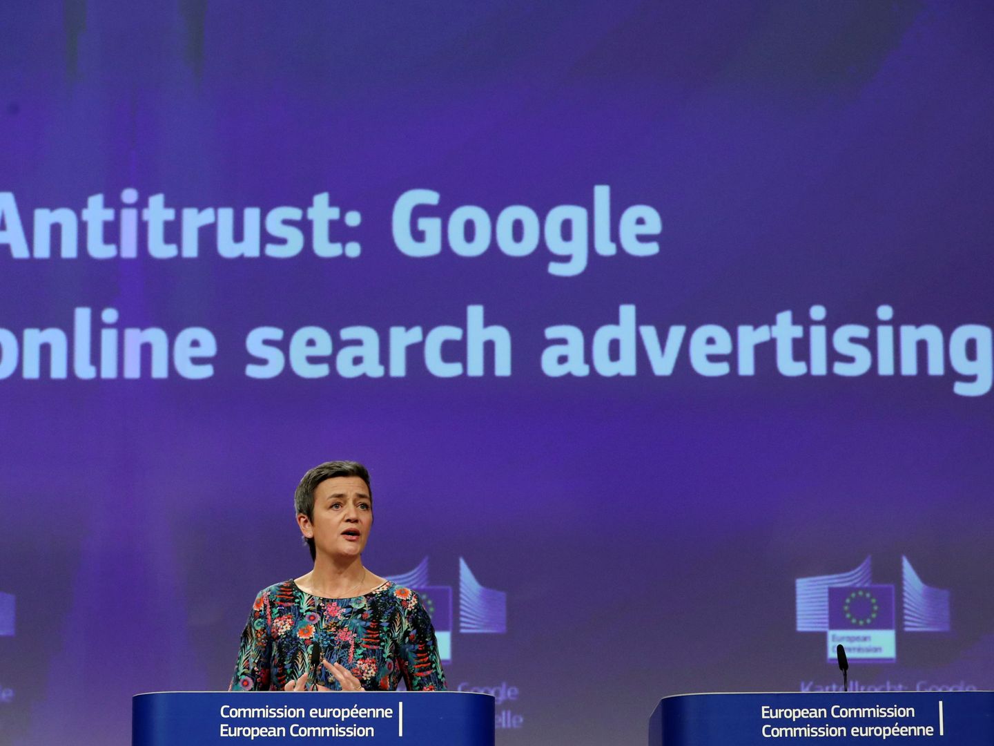 Margrethe Vestager, explicando una de las multas impuestas a Google. (Reuters)