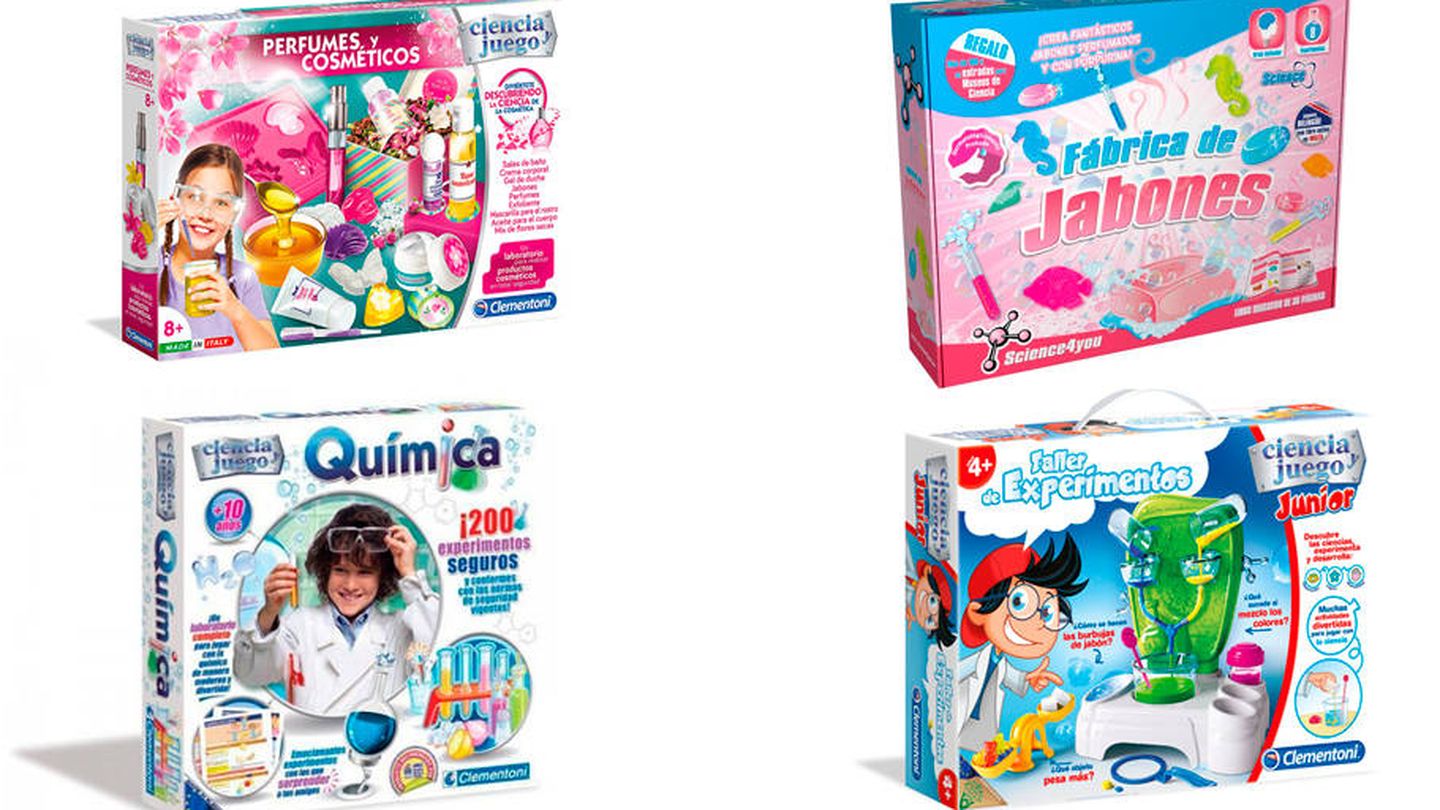 Aunque los cuatro son juguetes de experimentos, los dos de color azul llevan a un niño en la caja, mientras que los rosas están 'asociados' directamente a las niñas.