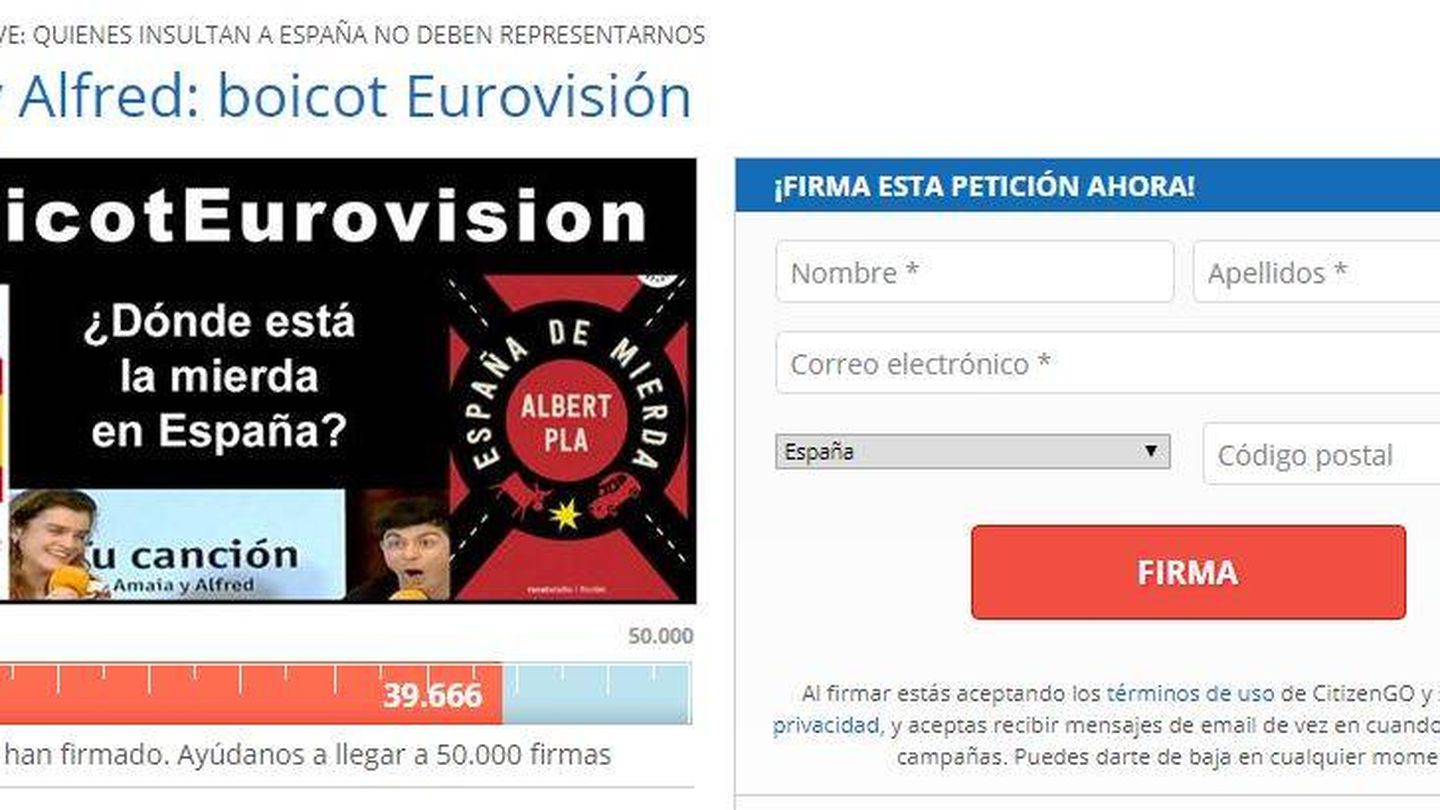 Captura de la página de la recogida de firmas con la que buscan un 'boicot' a Eurovisión.