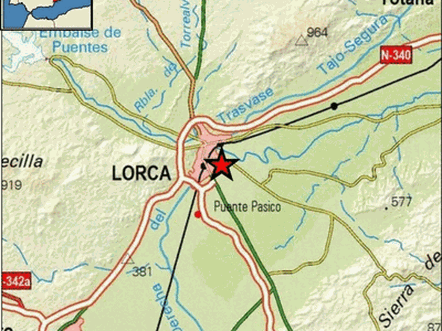 Epicentro del terremoto en las proximidades de Lorca. (IGN)