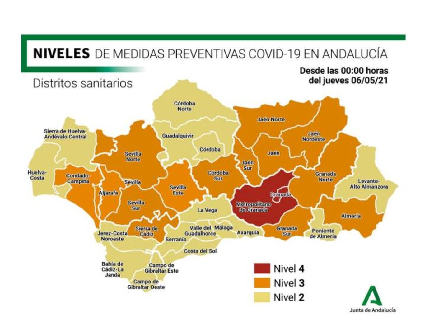 Mapa de las restricciones en Andalucía a partir del 6 de mayo. (Junta de Andalucía)