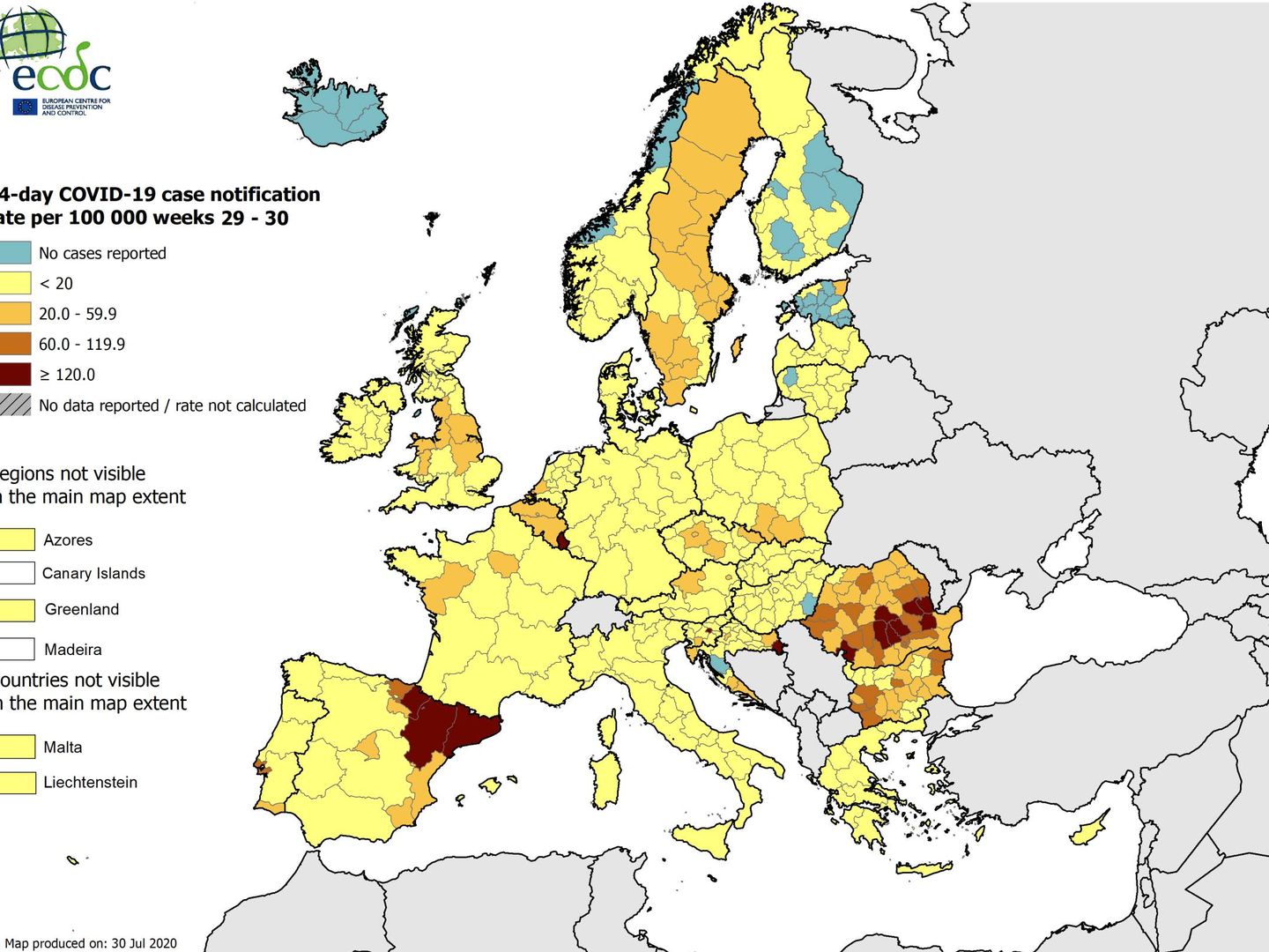 Mapa de las zonas con más nuevos contagios por 100.000 habitantes, actualizado al 30 de julio. (ECDC)