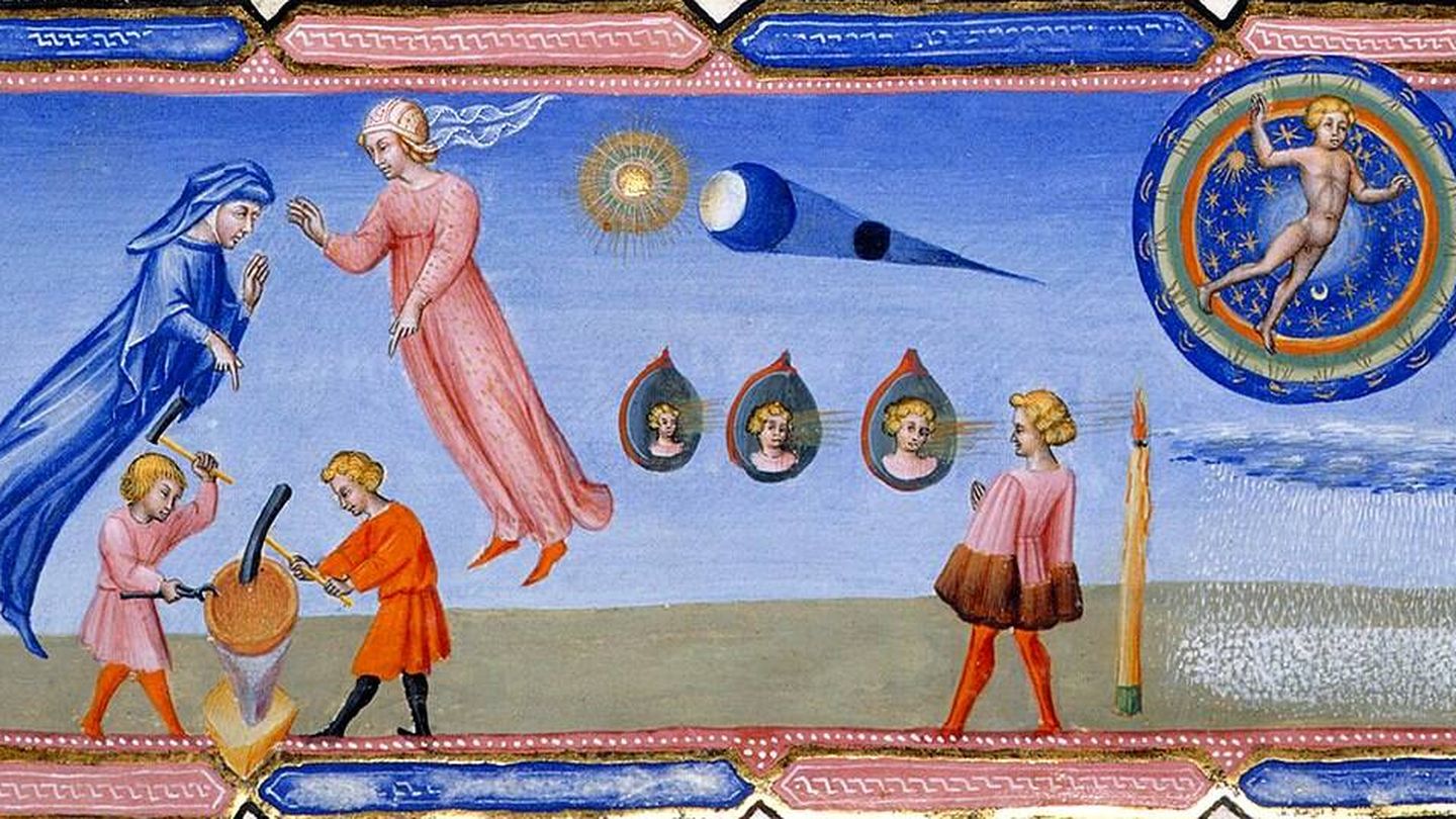 Beatrice explicando algunas teorías científicas a Dante, incluida la aparición de la luna (Giovanni di Paolo, 1440). Fuente: Wikipedia. 