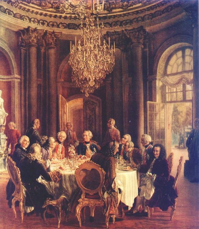 Voltaire, a la izquierda, en la Corte de Federico II de Prusia. (Obra de Adolph von Menzel, 1850)