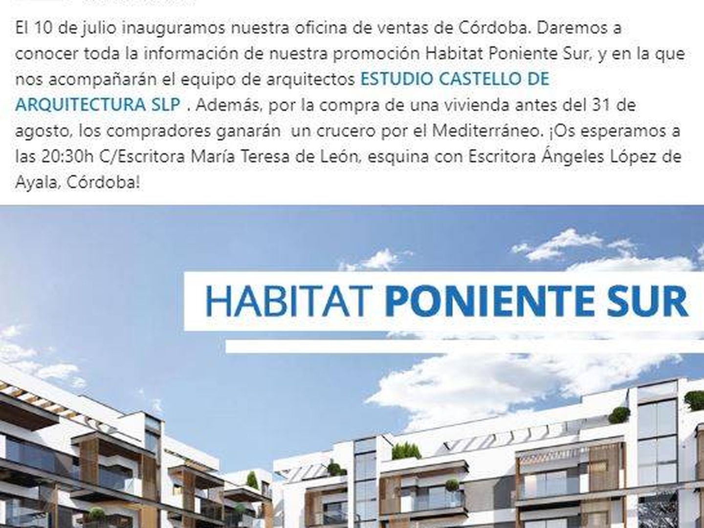 Captura de una promoción de Habitat Inmobiliaria en Córdoba.