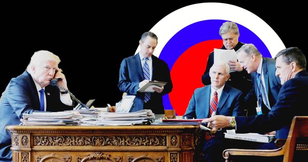 Foto: Trump, con antiguos miembros de su equipo durante una conversación con Putin, en el despacho oval. (Reuters)