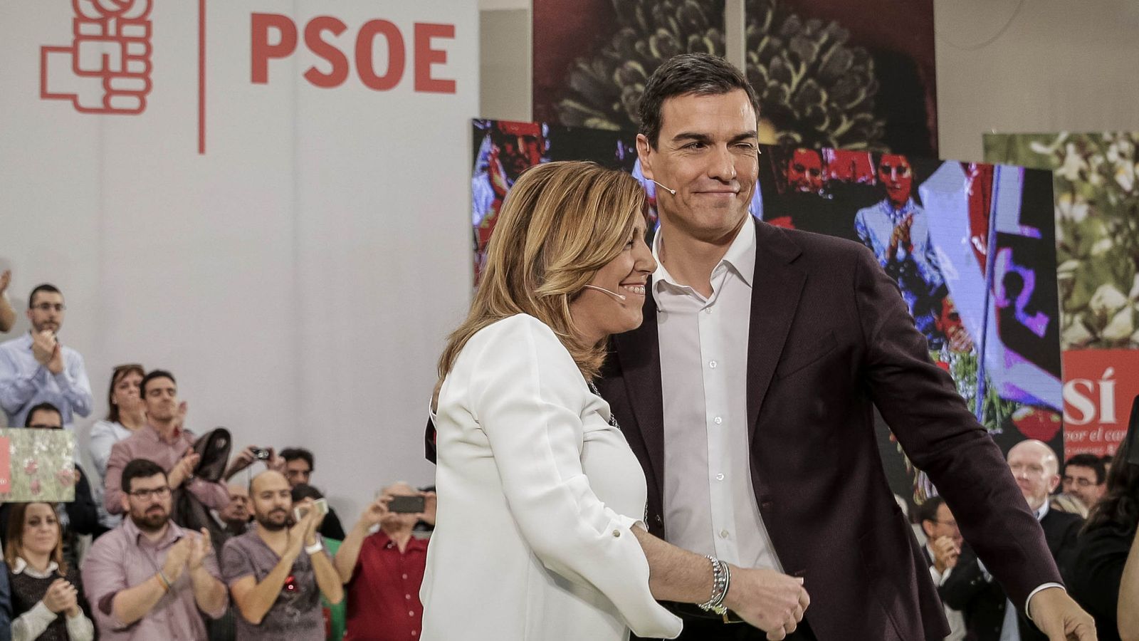 Foto: Pedro Sánchez y Susana Díaz, en el mitin de proclamación del secretario general como candidato a La Moncloa, el pasado 14 de mayo en Móstoles, Madrid. (EFE)