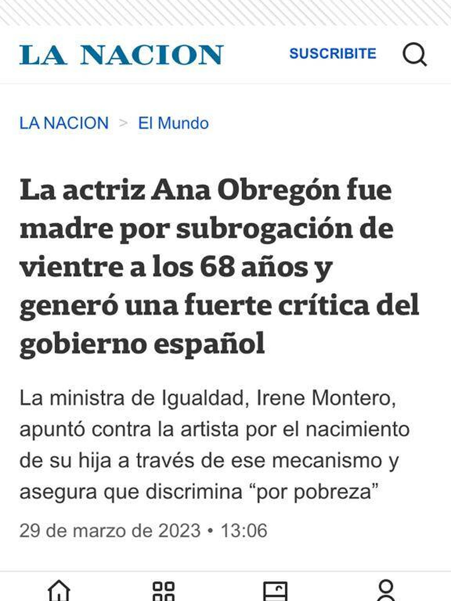 Captura de pantalla de la noticia de 'La Nación' sobre la maternidad de Ana Obregón.