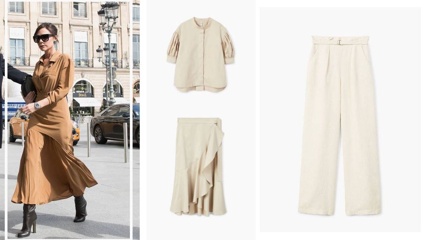 Victoria Beckham; camisa, falda y pantalón. (Gtres/Web de Mango)