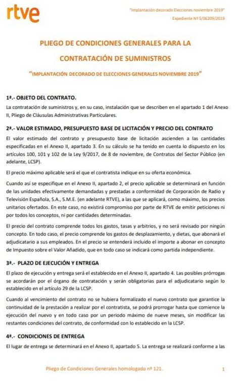 Consulte aquí en PDF el pliego de condiciones generales del contrato de RTVE para la construcción de decorados en caso de unas nuevas elecciones generales el 10-N. 