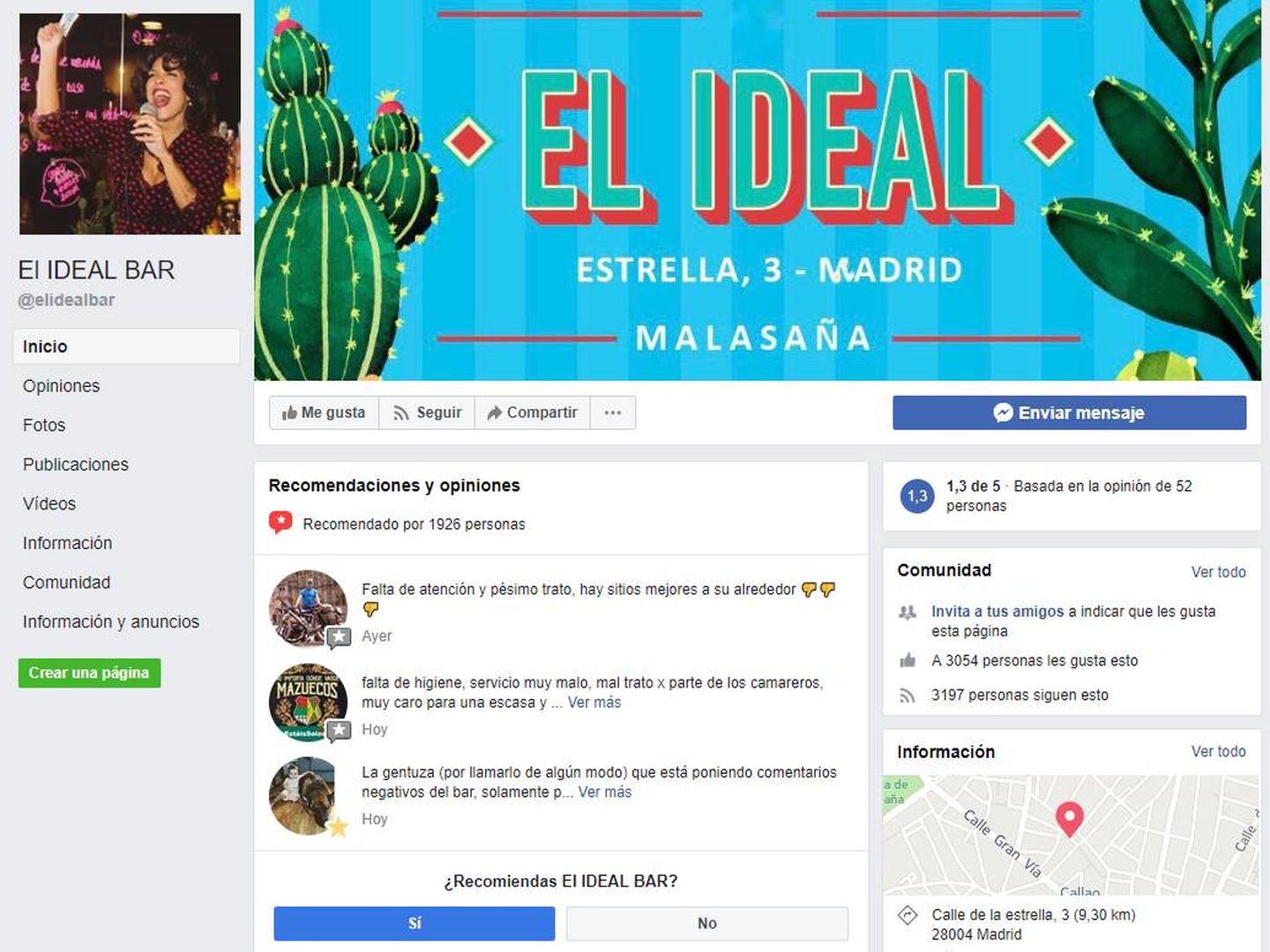 Pagina de El Ideal Bar en Facebook.