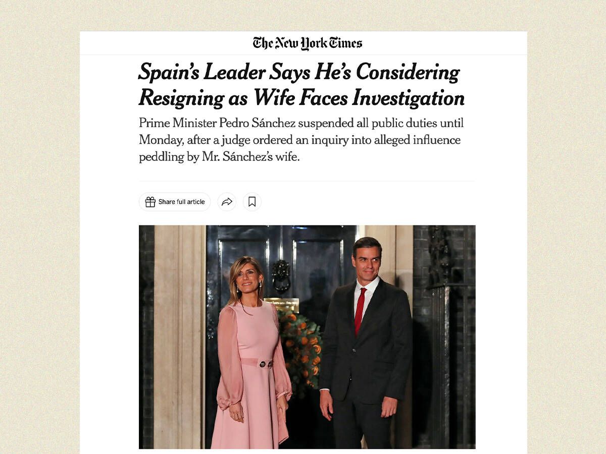Foto: Noticia sobre el anuncio de Sánchez en la edición digital de The New York Times. (NYT)