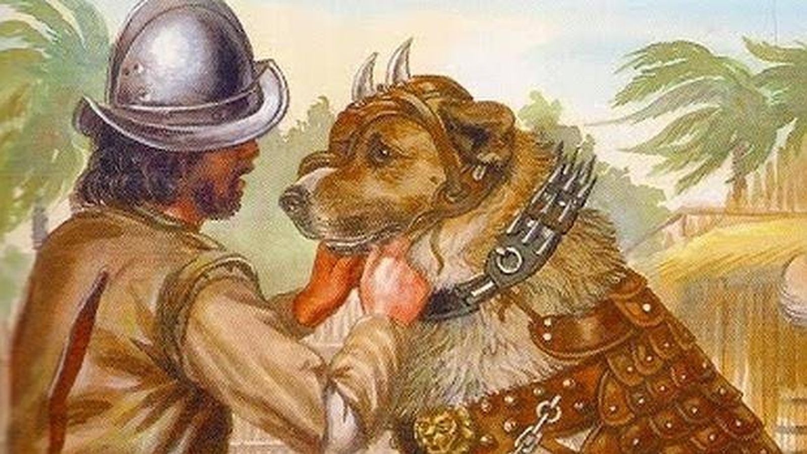 Foto: Un conquistador español armando a uno de sus perros. (CC)