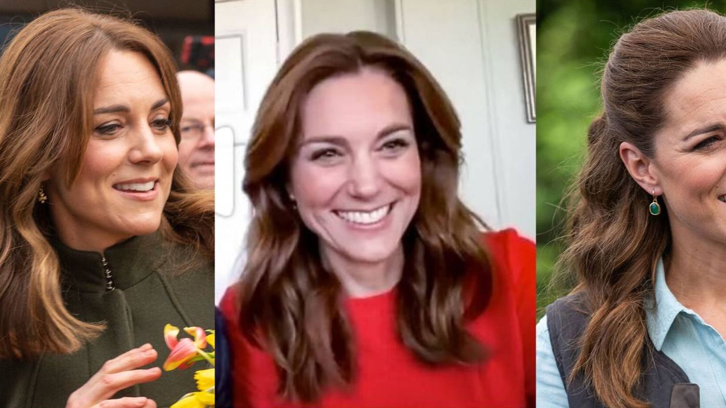 El cabello de Kate Middleton antes, durante y después de la cuarentena. (Cordon Press / Instagram / Getty)