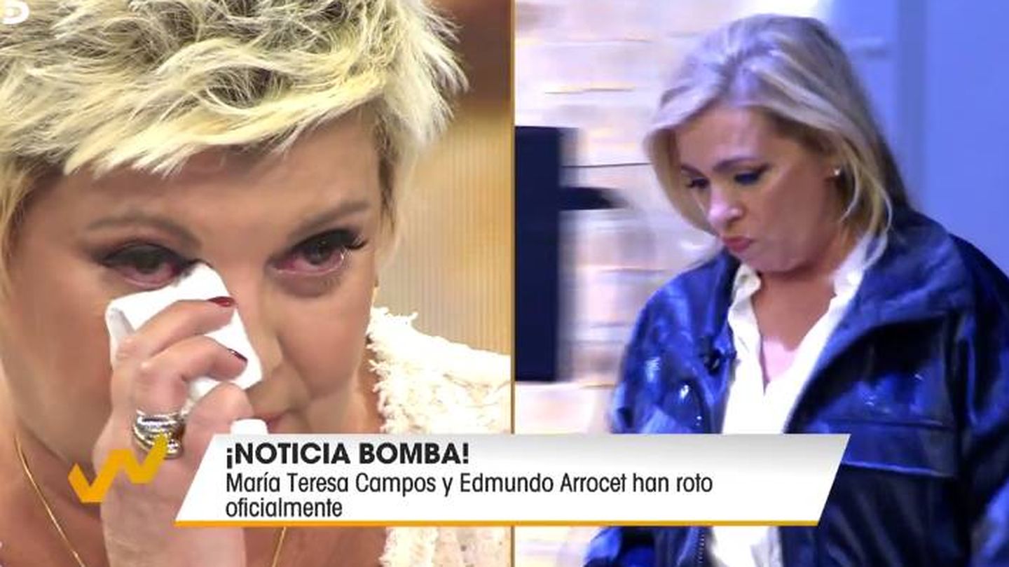 Terelu y Carmen lloran mientras la primera comunica la ruptura sentimental de María Teresa Campos. (Telecinco)