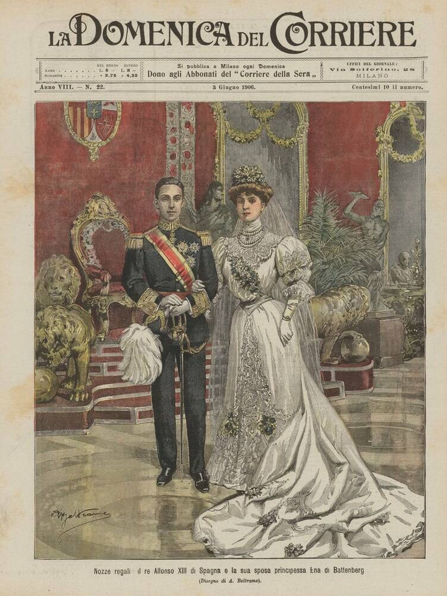 Portada del periódico 'La Domenica del Corriere' con una ilustración de los novios, Victoria Eugenia y Alfonso XIII, prueba del impacto internacional de su boda. (Real Biblioteca/Cortesía)
