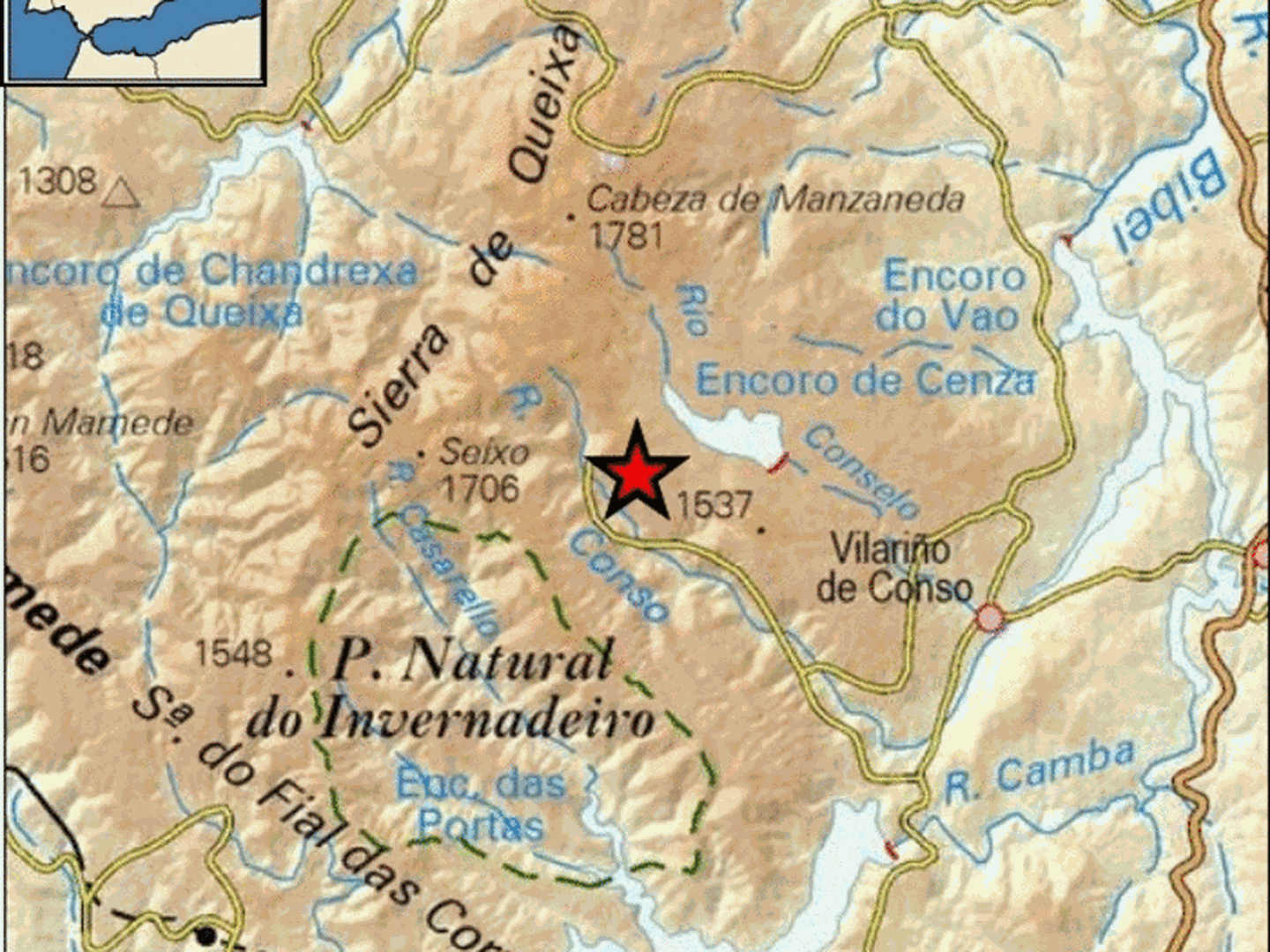 Epicentro del terremoto en las proximidades de Chandrexa de Queixa. (IGN)