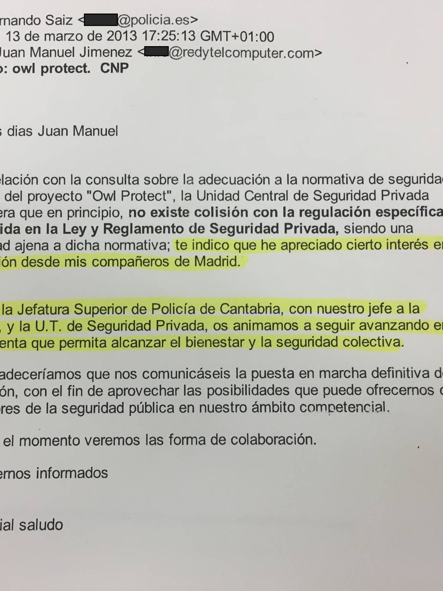 Pinche para leer el 'e-mail' con el jefe de la unidad de seguridad privada de la CNP de Cantabria.