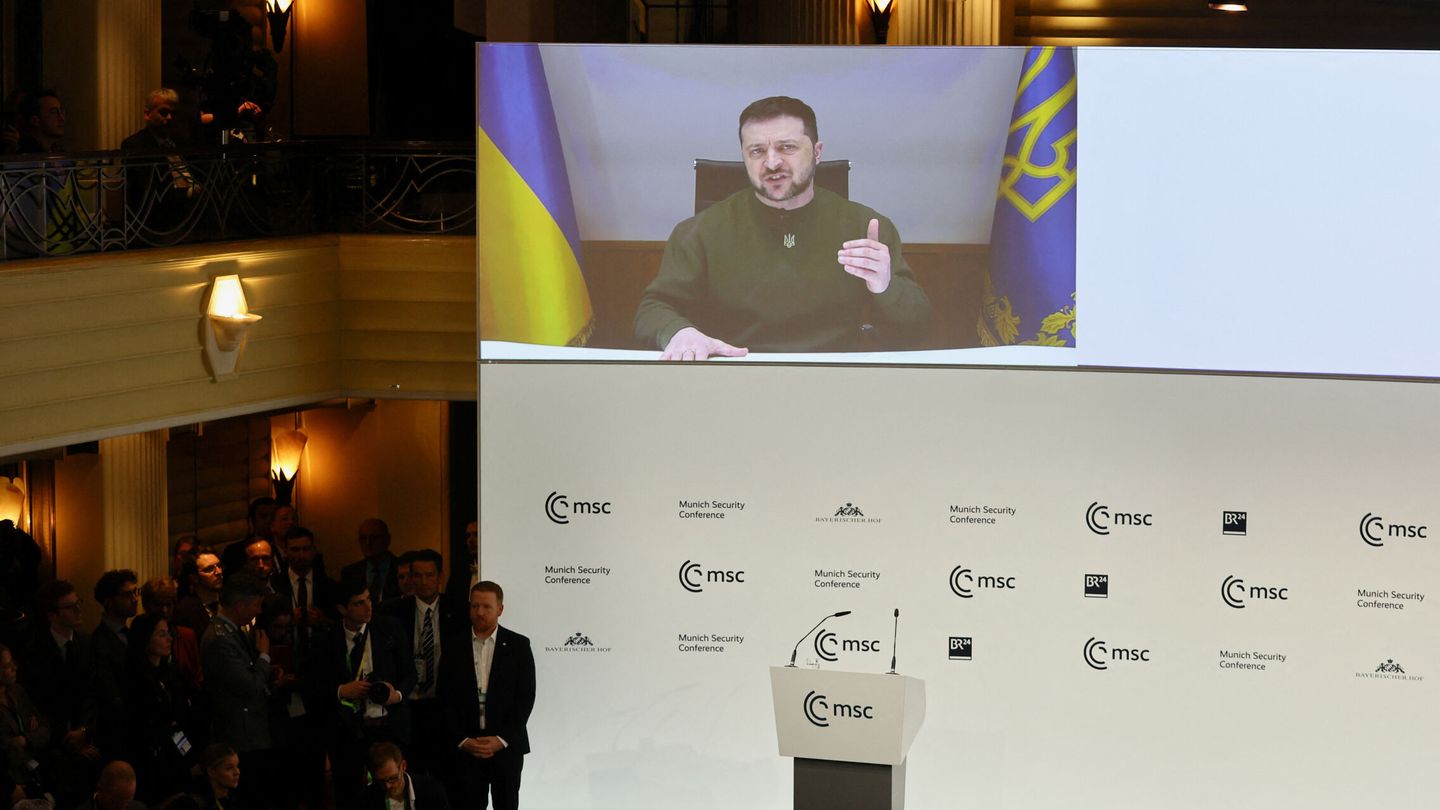 Ukrainian President Volodymyr Zelenskiy appears on the screen during the Munich Security Conference, in Munich, Germany February 17, 2023. REUTERS Wolfgang Rattay