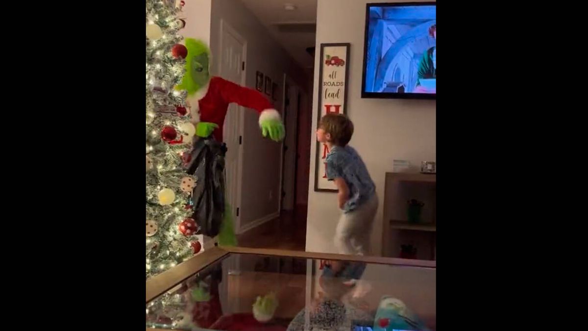 Un niño ataca violentamente al Grinch para que no les robe sus regalos de Navidad