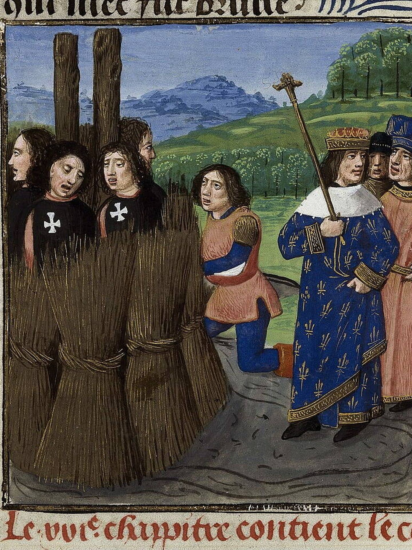 Ilustración de la ejecución de los templarios, según Bocaccio en 'De casibus virorum illustrium'. 1373.