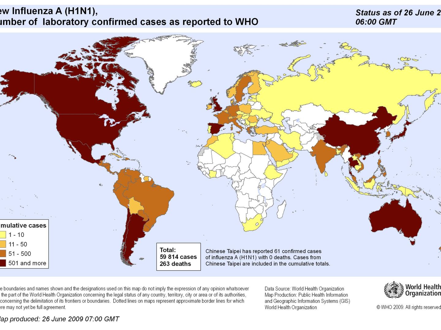 Mapa del impacto de la gripe A en junio de 2009.