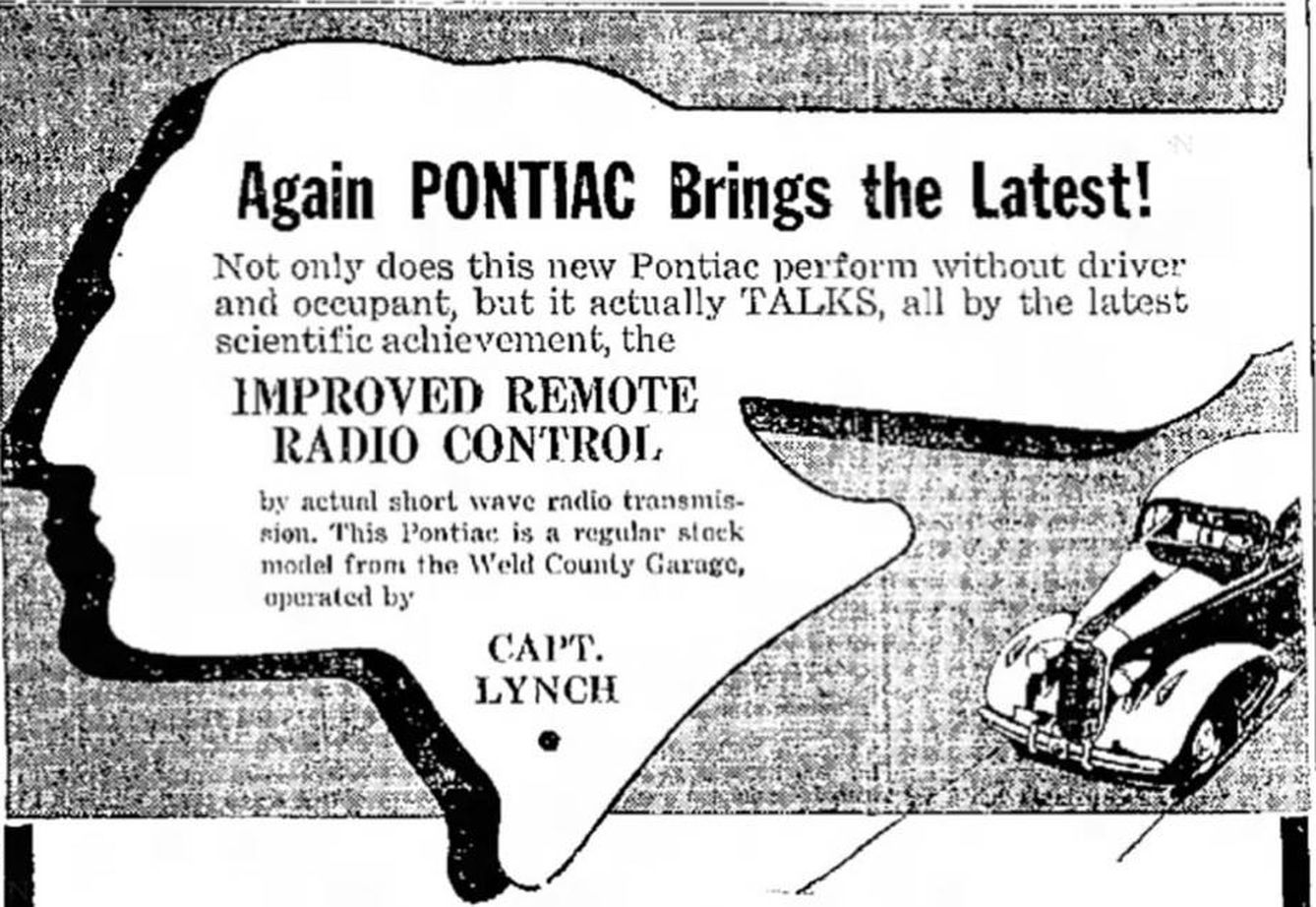Un anuncio de una demostración de un Pontiac controlado remotamente. (Greely Daily Tribune)