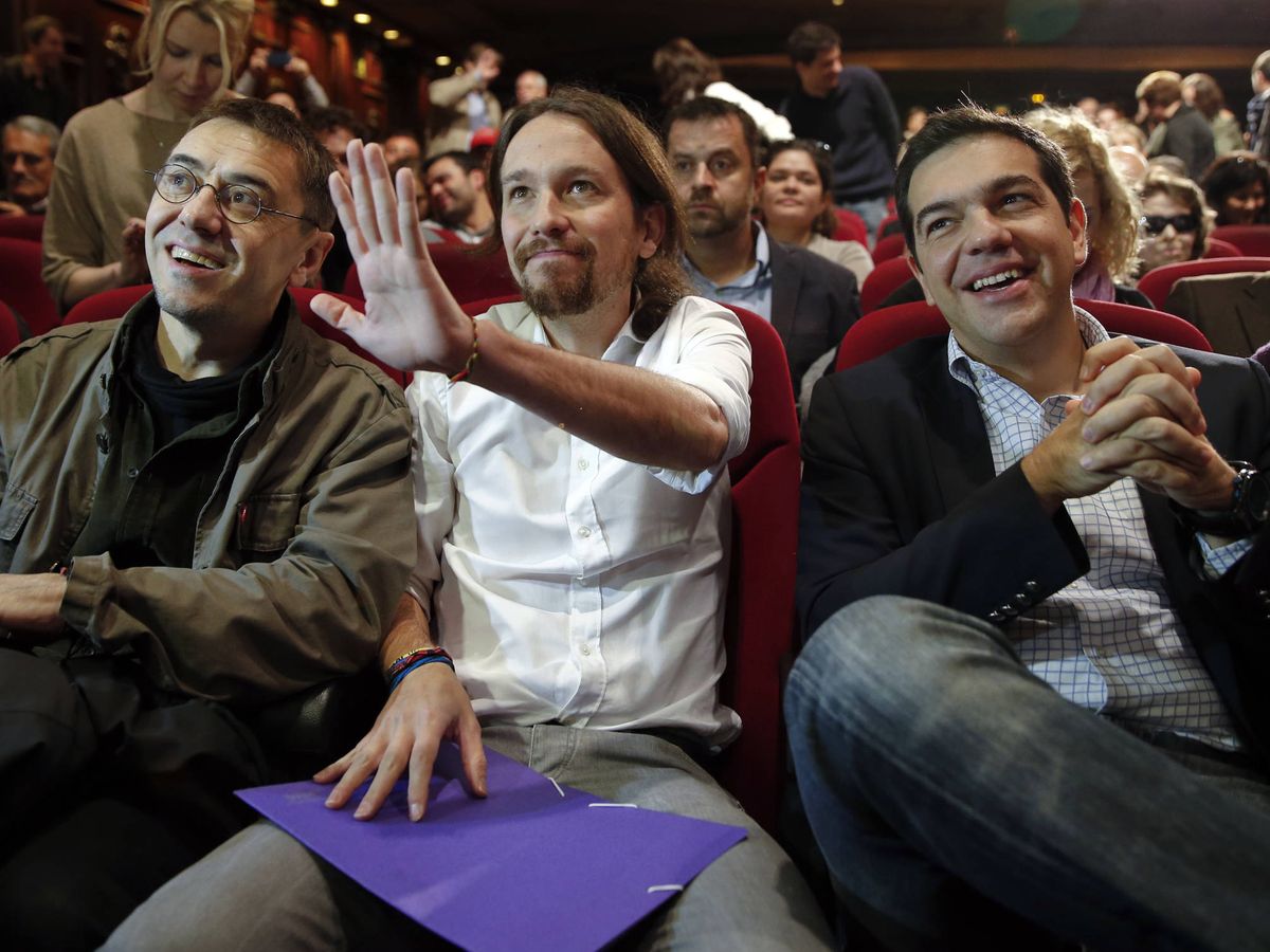 Foto: Juan Carlos Monedero, Iglesias y Tsipras en Madrid en una imagen de 2015. (Reuters)