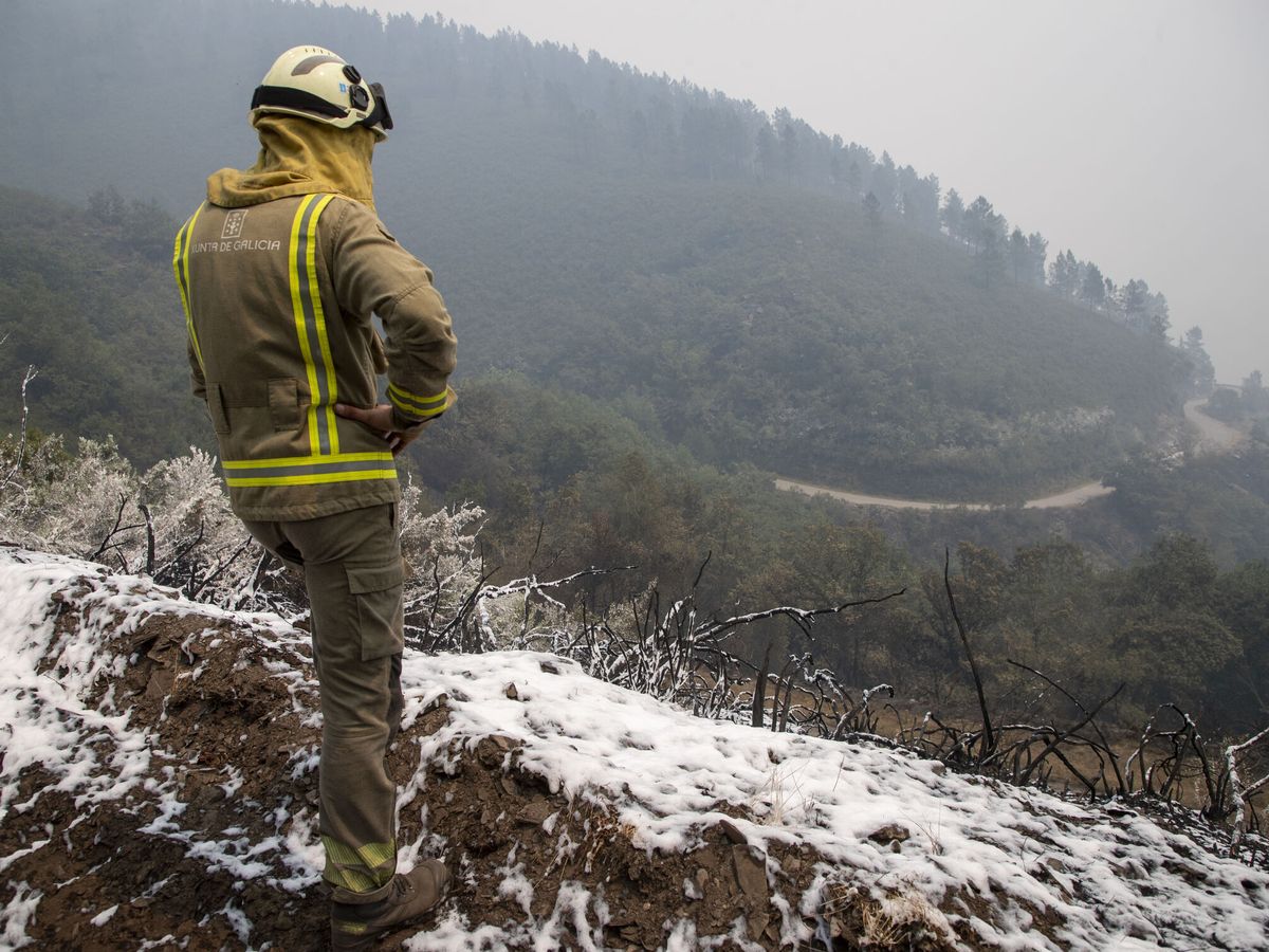Foto: Un bombero en la zona de un incendio en O Courel, Lugo. (EFE/ Eliseo Trigo)
