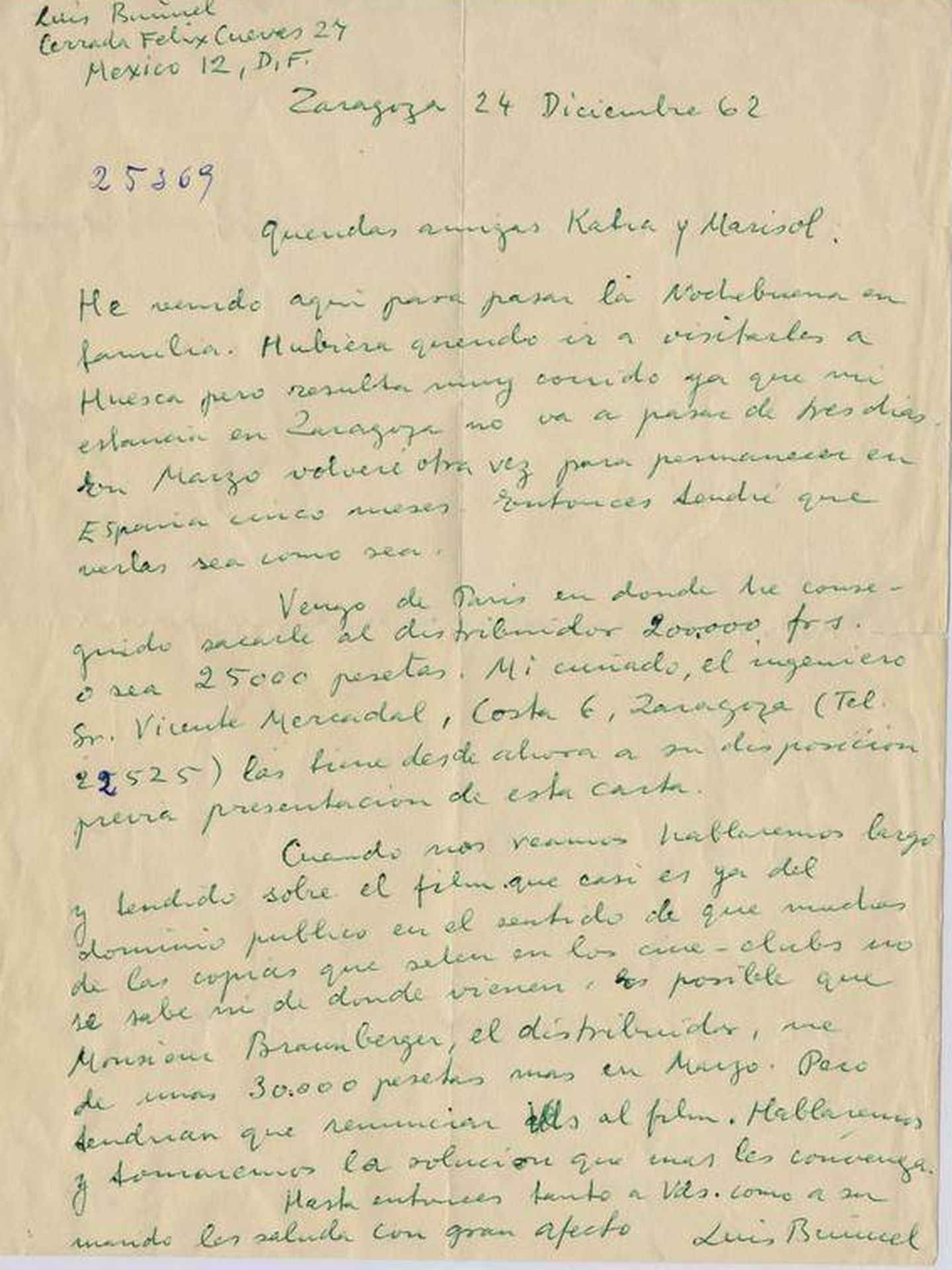 Pinche para leer la carta de Buñuel a las hijas de Acín. (Fundación Ramón Acín)