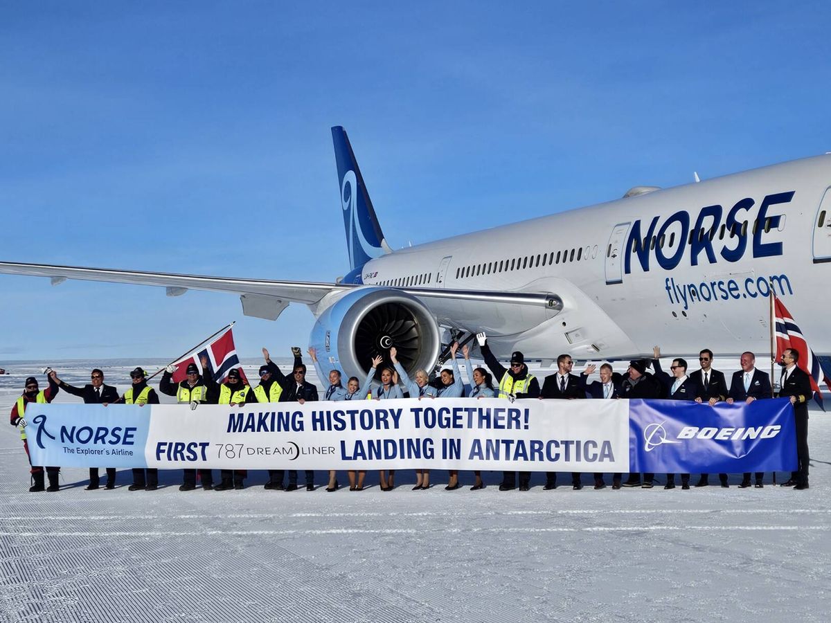 Foto: Norse consigue aterrizar el primer Boeing 787 en la Antártida (X/Norse Atlantic Airways)