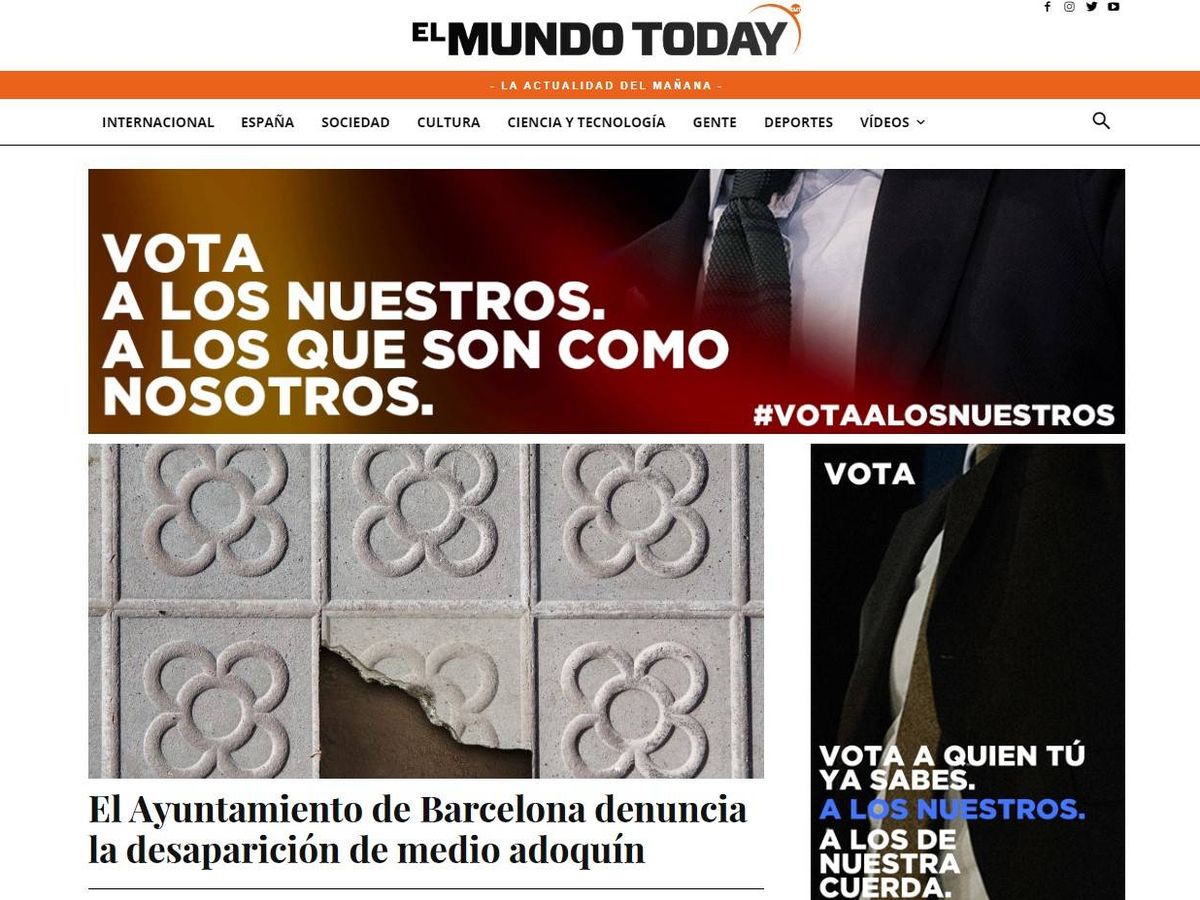 Foto: Portada de la web de El Mundo Today, donde se muestran dos ventanas de 'propaganda electoral'.