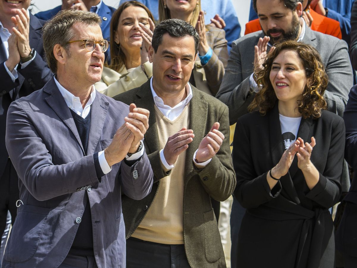 Foto: El líder del PP, Alberto Núñez Feijóo (i), y los presidentes de Andalucía, Juanma Moreno (c), y de Madrid, Isabel Díaz Ayuso. (EFE/Raúl Caro)
