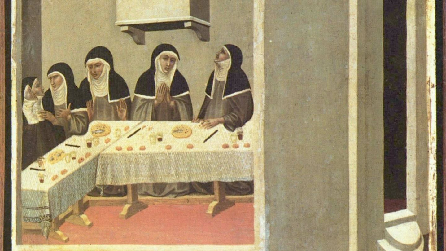 Monjas cenando en silencio mientras escuchan una lectura de la Biblia. Pietro Lorenzetti, 1341 (Fuente: Wikipedia).
