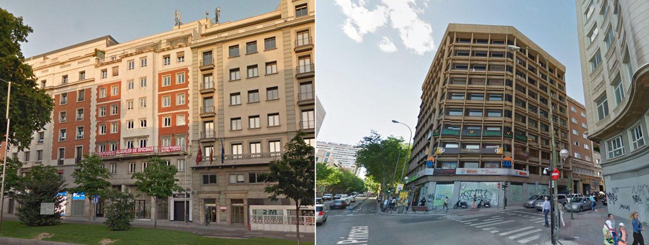 Foto: La sede que estrenará Ciudadanos en Paseo de Recoletos, 16 (izq) y el 'centro de operaciones' de Podemos ubicado en calle Princesa 2. (Google)