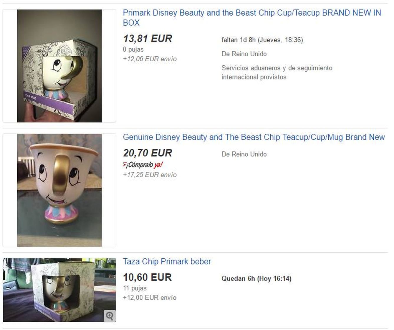 Pujas en eBay para la taza de 'La Bella y la Bestia'