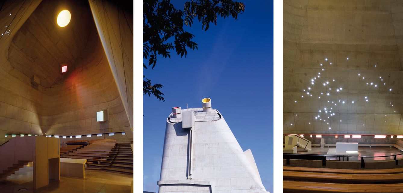 De izquierda a derecha: el altar del templo, el cono asimétrico  de hormigón visto que constituye la cúspide de la iglesia diseñada por Le Corbusier en 1933 e imagen de una de las partes del interior.
