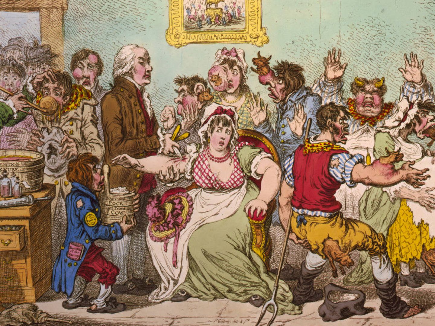 Caricatura de Jenner vacunando a los pacientes, que temían que les hiciera crecer apéndices vacunos. (James Gillray, 1802)
