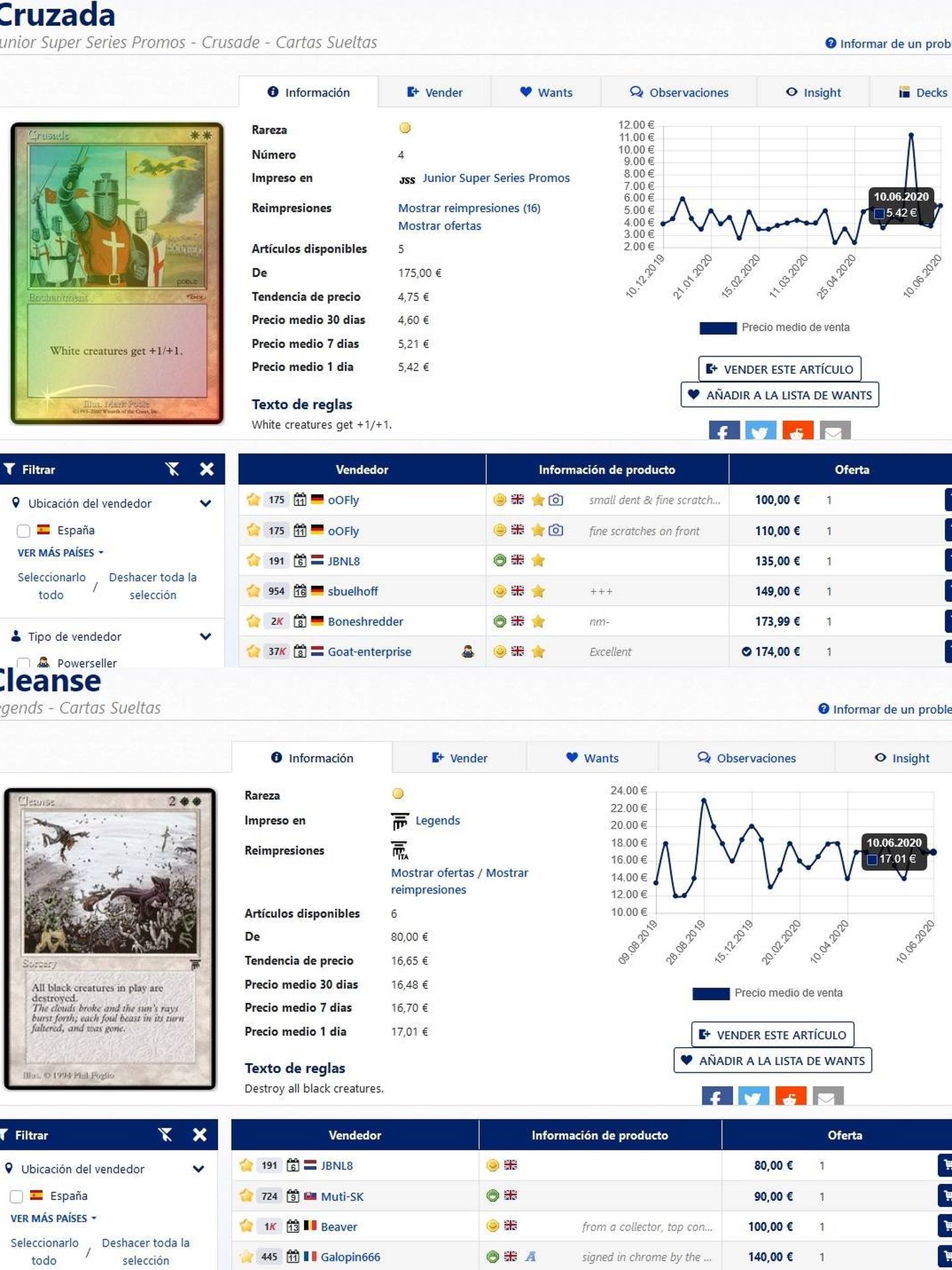 Imagen de las cartas 'Crusade' y 'Cleanse' en Magic Card Market.