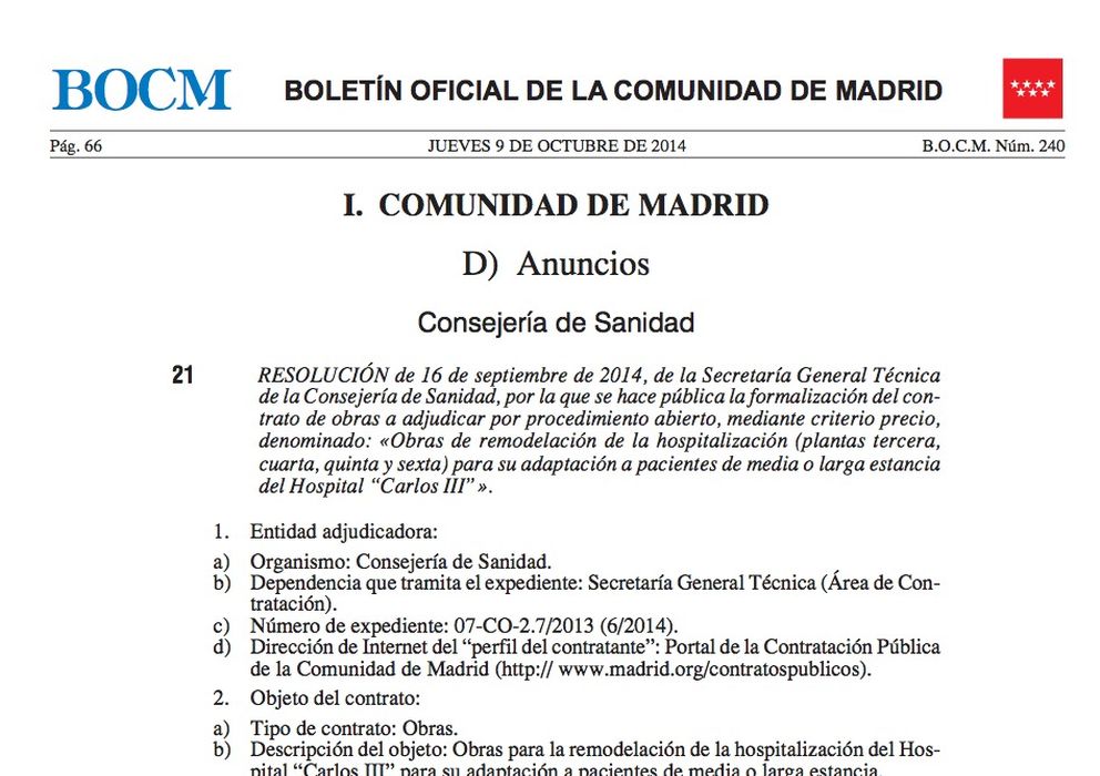 Foto: Página del BOCM en la que se licitan las obras de reconversión del Hospital Carlos III