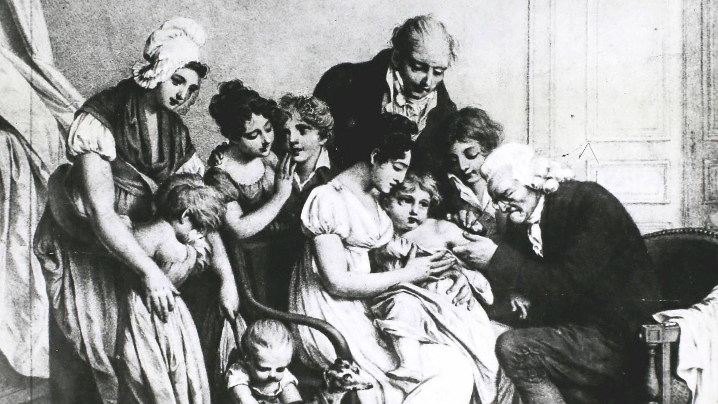  Una escena de vacunación contra la viruela en 1796. (Getty)