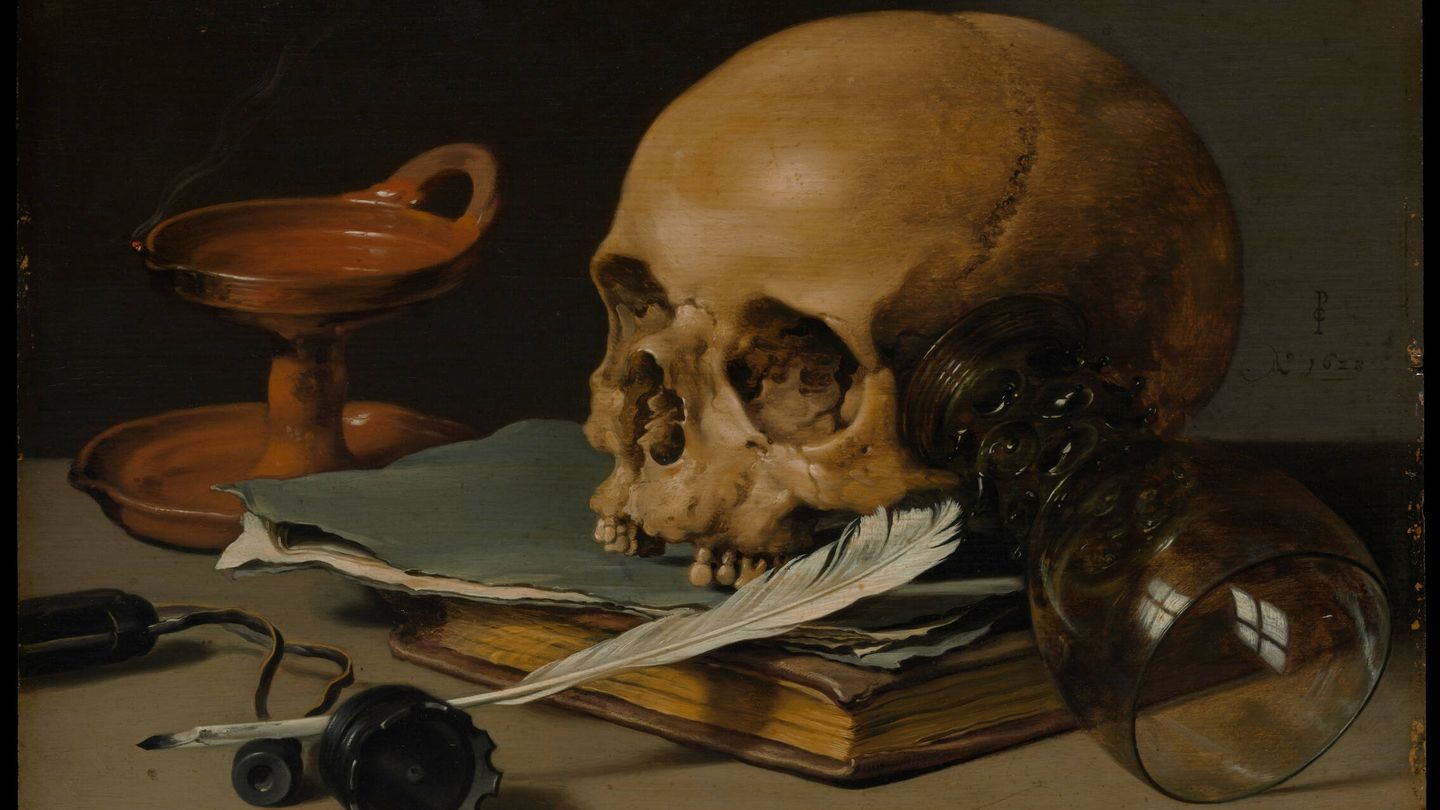 Ejemplo de una pintura de vanitas: Bodegón con calavera y pluma de escribir donde también puede verse una copa de vidrio, por Pieter Claesz. (Wikimedia)