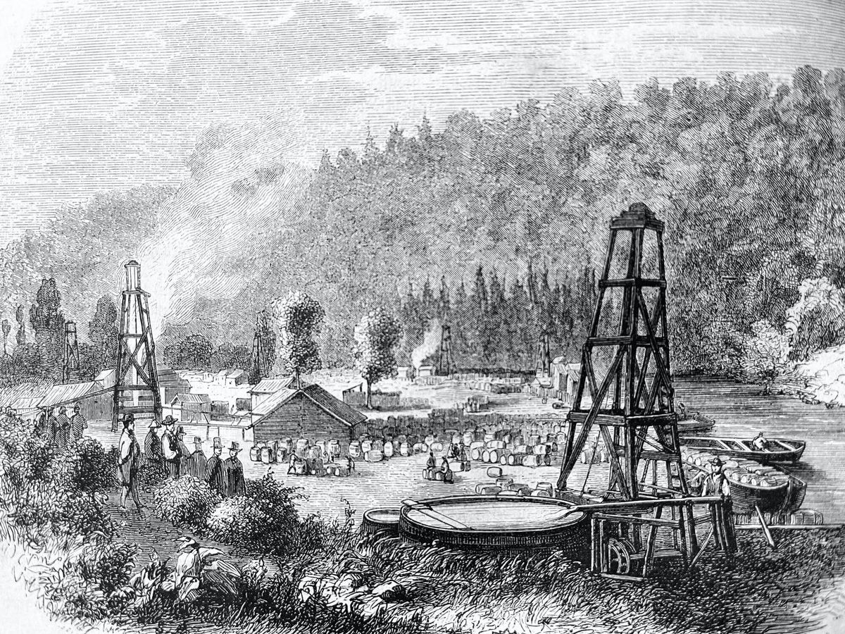 Foto: Una ilustración del siglo XIX del pozo petrolífero de Oil Creek. (iStock)