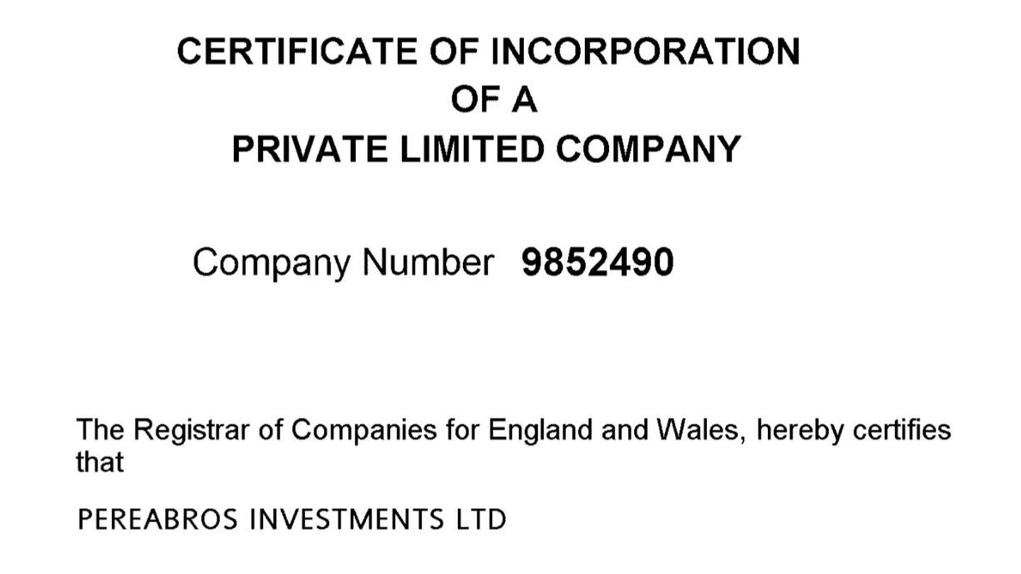 Inscripción de Pereabros Investment LTD en Inglaterra.