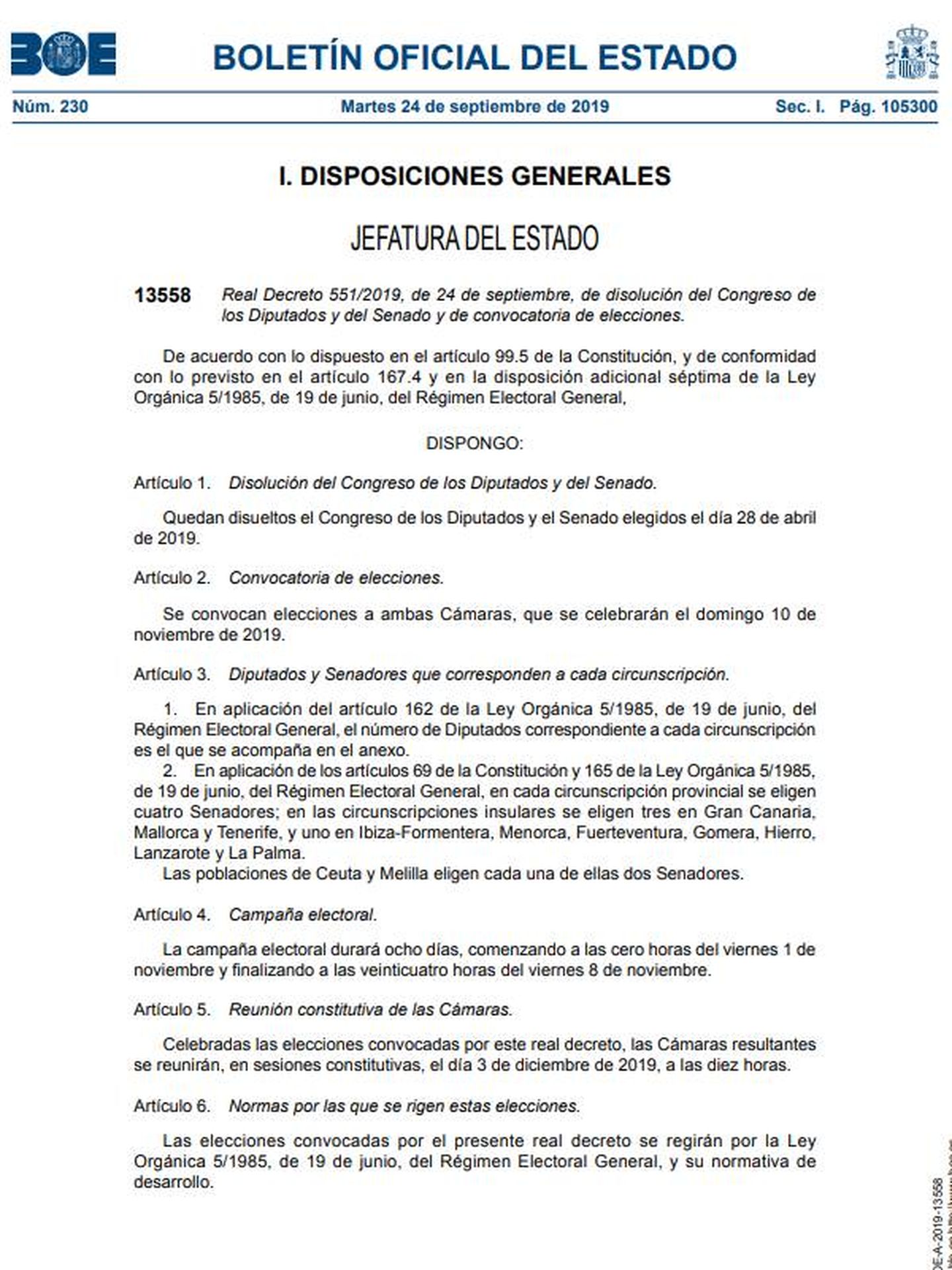 Consulte aquí en PDF el real decreto 551/2019 de disolución de las Cámaras y convocatoria de elecciones para el 10-N. 