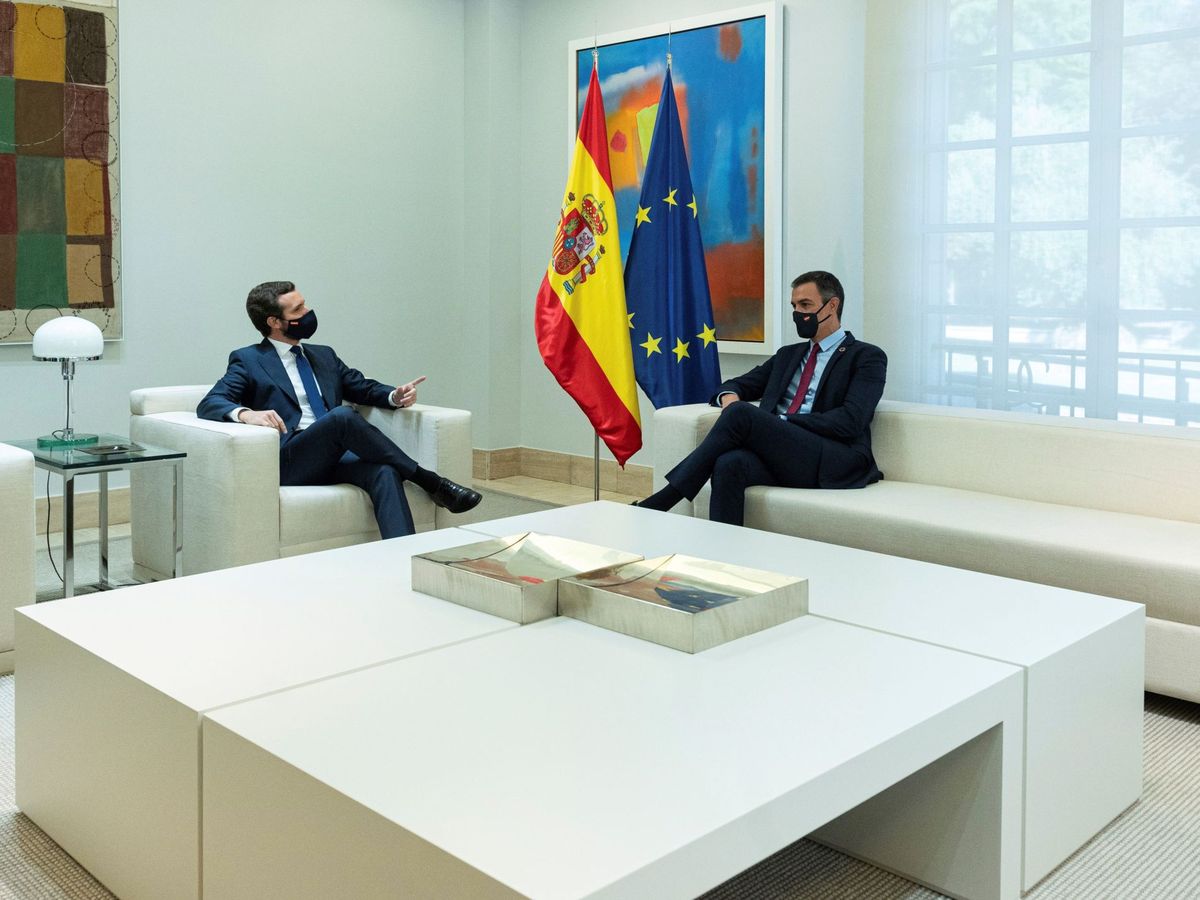 Foto: El presidente del Gobierno, Pedro Sánchez (d), durante su encuentro con el líder del PP, Pablo Casado (i), en la Moncloa el 2 de septiembre. (EFE)